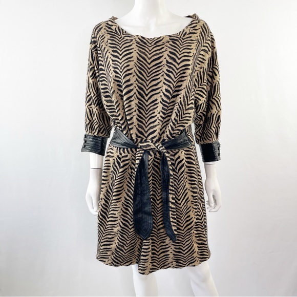 Sea New York Dress Brown Tiger Stripes 3/4 with Leather Trim and Belt Size 10 - Picture 2 of 11